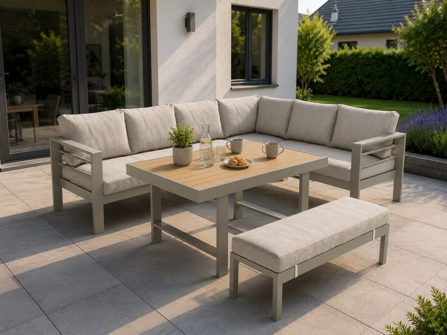 MeXo Gartenlounge-Set XXL Outdoor Lounge Set mit Esstisch, (wetterfeste modulare Ecklounge aus Aluminium, 5-tlg., Gartenmöbel Set für 6-8 Personen), 12cm Deluxe Relax-Sitzkissen, 8 cm breite Armlehne