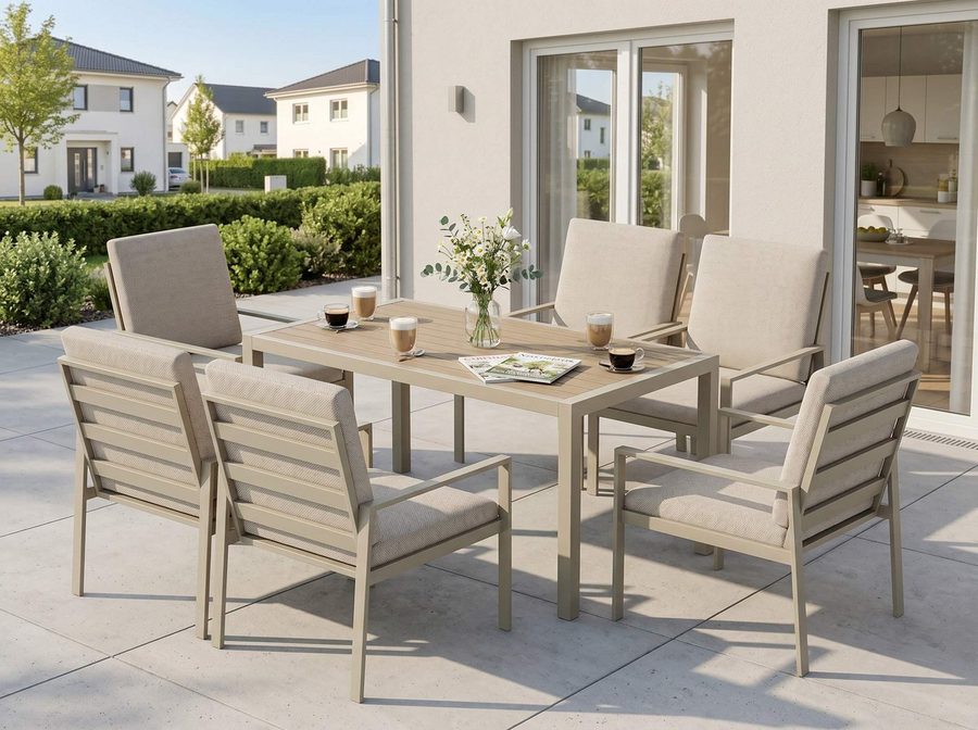 MeXo Gartenlounge-Set Gartenmöbel Set mit Esstisch, (Gartenessgruppe Set 6 Personen, Aluminium, wetterfest, hoher Sitzkomfort), mit pflegeleichte Polywood-Tischplatte, bis 140 kg belastbar