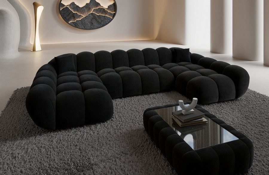 Sofa Dreams Loungesofa Maleron U Form Studio Design Couch, Stoff Wohnlandschaft, 6-Sitzer, Polster Sofa, Samtstoff Bezug Schwarz