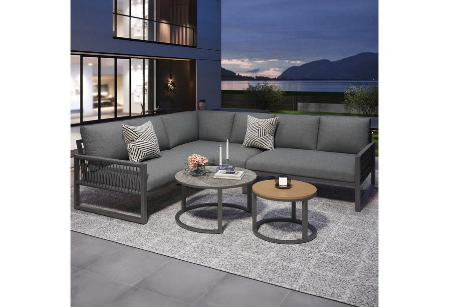 Flieks Gartenlounge-Set, 6-Sitzer Gartenmöbel Ecksofa aus Seil, 2-Sitzer-Sofa*3 + Couchtisch*2