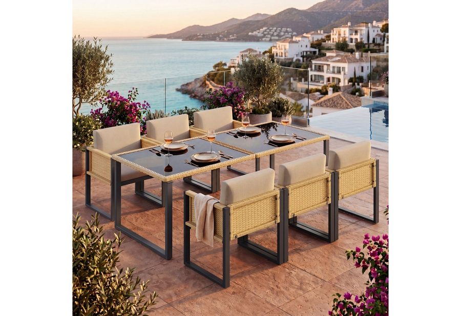 Flieks Garten-Essgruppe, Polyrattan Tisch- und Stuhlset Gartenmöbel Essgruppe Stuhl*6 & Tisch*1