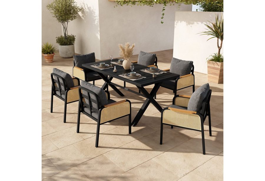 Flieks Gartenlounge-Set, 6-Sitzer Gartenmöbel Essgruppe aus PE-Rattan mit Kunstholz-Tischplatte