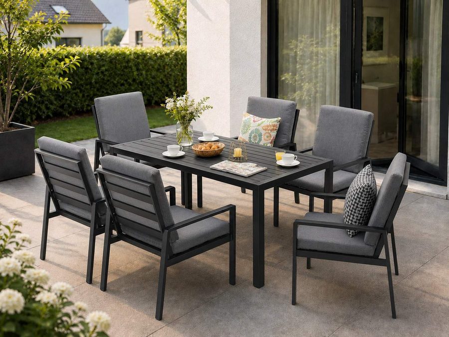 MeXo Gartenlounge-Set Gartenmöbel Set Aluminium Outdoor, (Garten-Essgruppe für 6 Personen, 7-tlg., mit Polywood Tisch & Auflagen), wetterfest für Terrasse & Garten