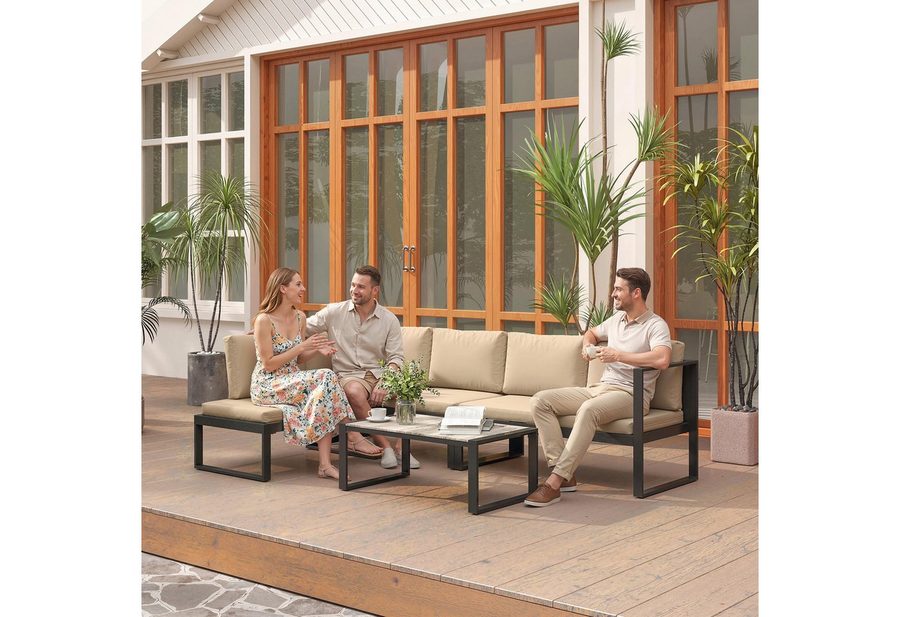 Outsunny Sitzgruppe Gartenmöbel wetterfest Balkonmöbel mit Couchtisch Khaki, (Set, 4-tlg., Sofa-Set), Modulares 4-teiliges Gartenlounge-Set von Outsunny
