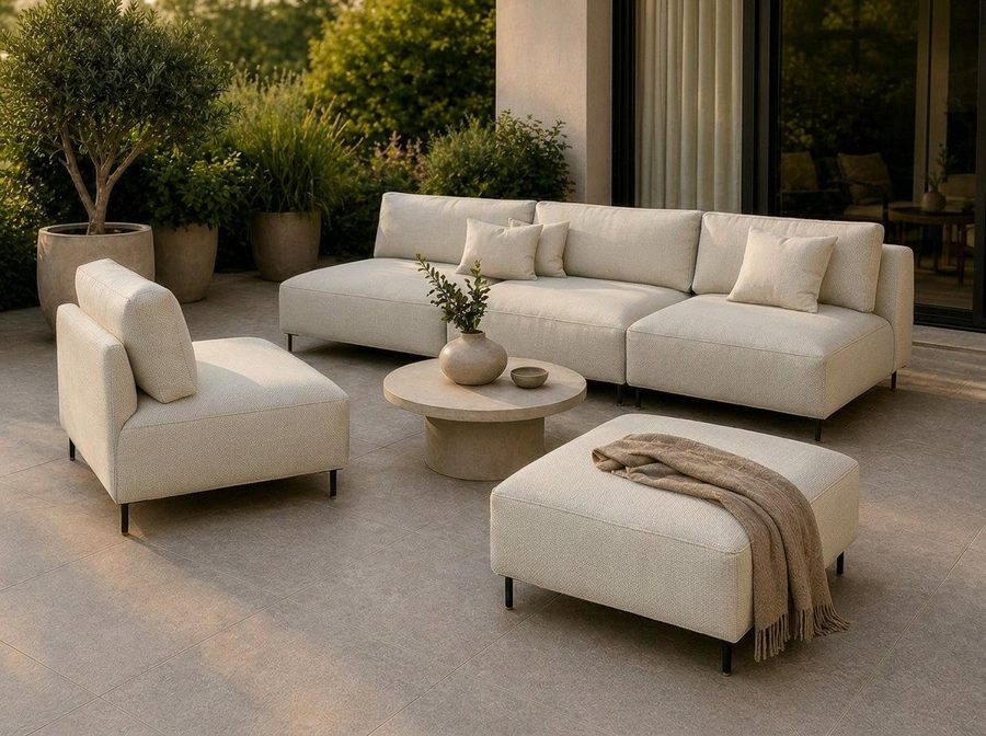 A&J MöbelLand GmbH Gartenlounge-Set Outdoor Lounge Set SUN – Sofa, Sessel und Hocker, (Outdoor Lounge Set für Garten und Terrasse, 3-teiliges modernes Garten Lounge Set), Wetterfestes Lounge Set für Garten und Terrasse