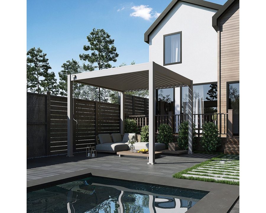 Weide Pergola Classic Pavillon Terrassenüberdachung Aluminium 3 x 3 M Ivory Sand, BxTxH: 300x300x255 cm, (Hochwertigstes Aluminium & verzinkte Stahl-Lamellen, Komplettset)