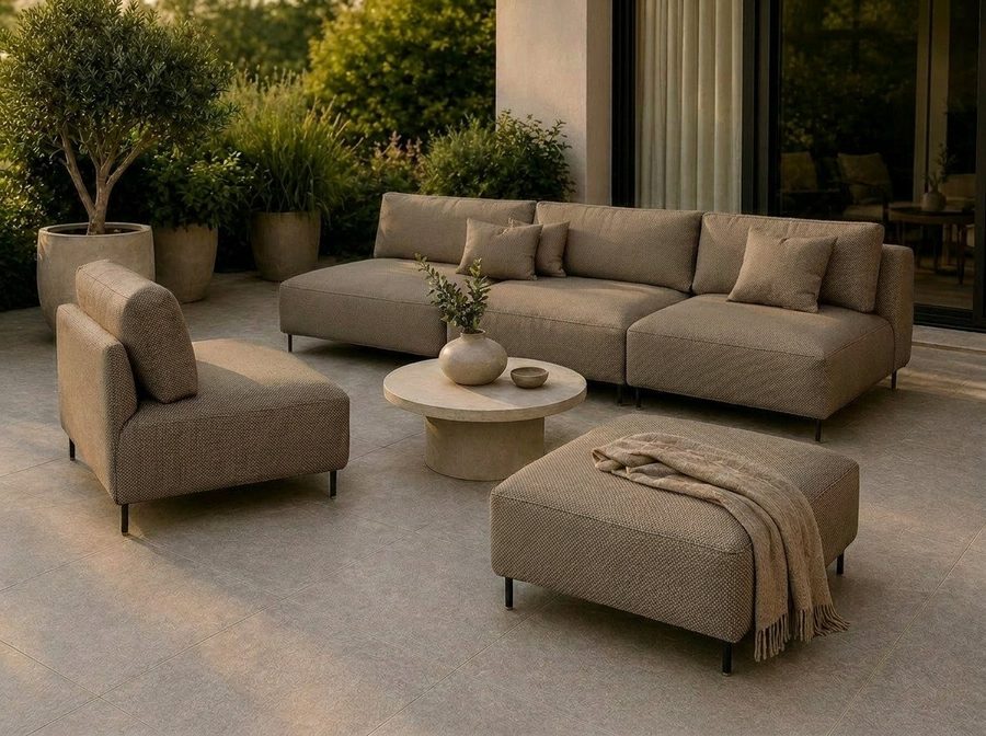 A&J MöbelLand GmbH Gartenlounge-Set Outdoor Lounge Set SUN – Sofa, Sessel und Hocker, (Outdoor Lounge Set für Garten und Terrasse, 3-teiliges modernes Garten Lounge Set), Wetterfestes Lounge Set für Garten und Terrasse