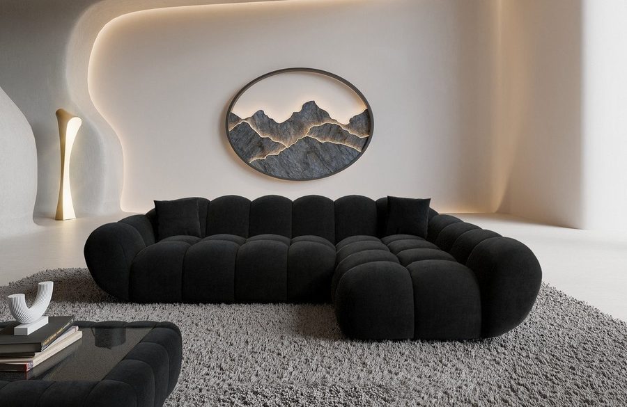 Sofa Dreams Polsterecke Maleron L Form kurz Stoffsofa, 4-Sitzer, Loungesofa, Ottomane rechts, Samtstoff Bezug in Schwarz