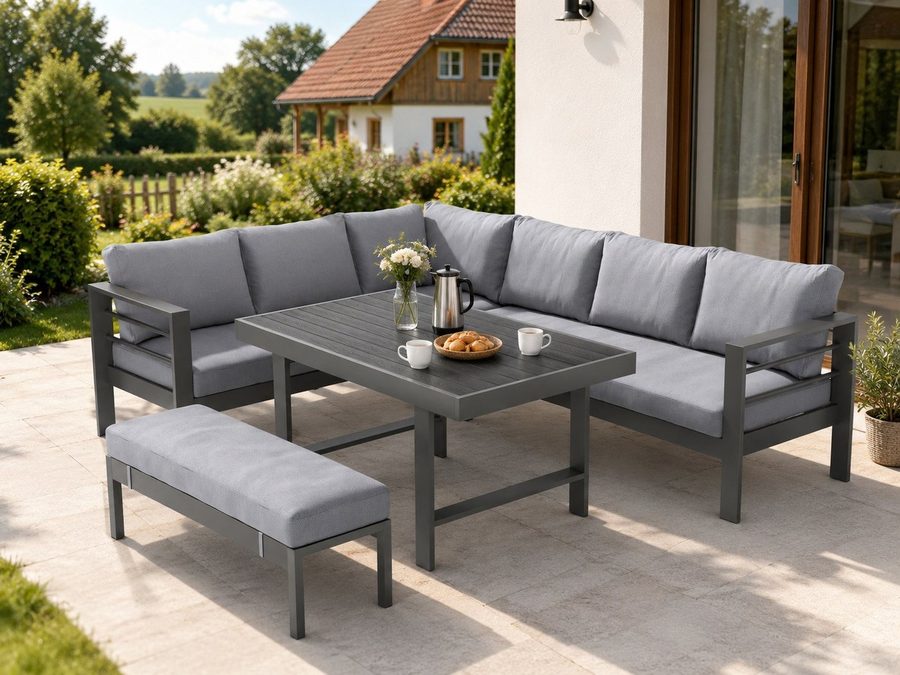 MeXo Gartenlounge-Set Outdoor Gartenmöbel Lounge-Set für 6-8 Personen, (Aluminium-Ecklounge, linke Ecke, 5-tlg., wetterfest & pflegeleicht), großer Esstisch 130×80 cm, bis 140 kg belastbar je Sitz