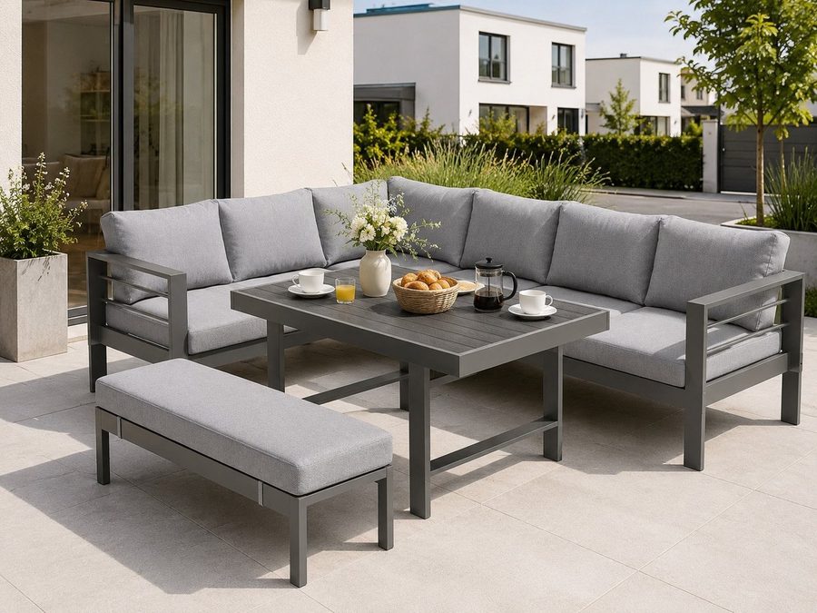 MeXo Gartenlounge-Set XXL Lounge Gartenmöbelset aus Aluminium, wetterfest, (Ecksofa mit linker Ecke für 6-8 Personen, 5-tlg., 12/15 cm dicke Kissen, Terrassenmöbel Set mit hohem Tisch), pflegeleichte Polywood-Tischplatte, flexibel kombinierbar