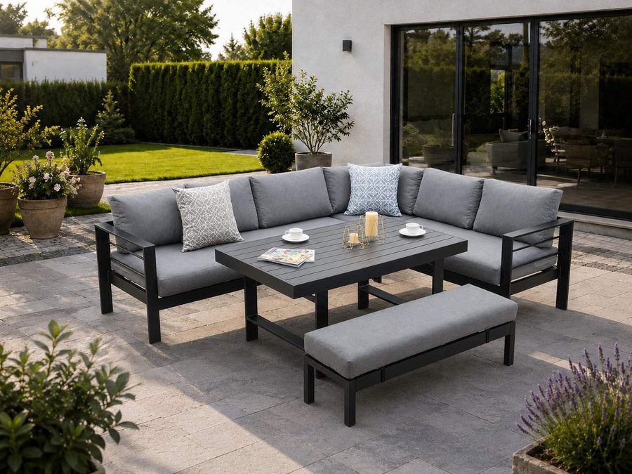 MeXo Gartenlounge-Set XXL Lounge Gartenmöbelset aus Aluminium, wetterfest, (Ecksofa mit rechter Ecke für 6-8 Personen, 5-tlg., 12/15 cm dicke Kissen, Terrassenmöbel Set mit hohem Tisch), pflegeleichte Polywood-Tischplatte, flexibel kombinierbar