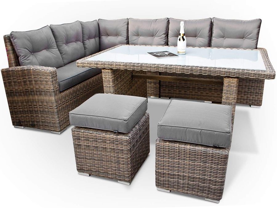 Ragnarök Möbel-Design Gartenlounge-Set Dining Lounge Wieland L, (Set, Ecksofa + Tisch + Hocker, Polyrattan, inkl. aller Polster), Rostfrei, mit Staufächern, 10 Jahre Garantie, wird montiert geliefert
