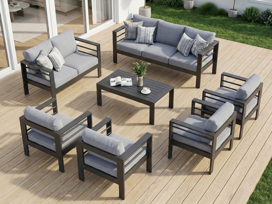 MeXo Gartenlounge-Set Terrassenmöbel Set 8-10 Personen Aluminium outdoor wetterfest, (Belastbarkeit pro Sitzplatz 140kg, 7-tlg., 12cm Deluxe Relax-Sitzkissen), Gartenmöbel Set für Außenbereich, Terrasse, Balkon und Garten