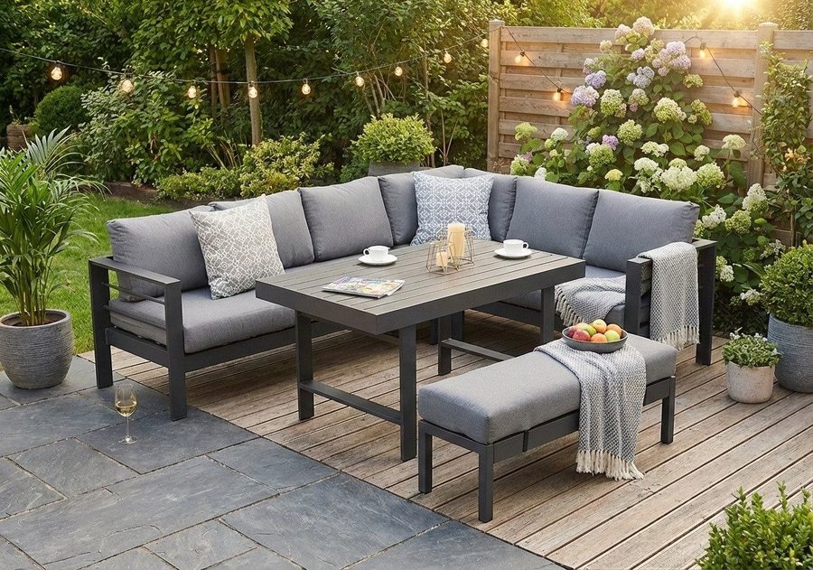 MeXo Gartenlounge-Set XXL Outdoor Lounge Set mit Esstisch, (wetterfeste modulare Ecklounge aus Aluminium, 5-tlg., Gartenmöbel Set für 6-8 Personen), 12cm Deluxe Relax-Sitzkissen, 8 cm breite Armlehne