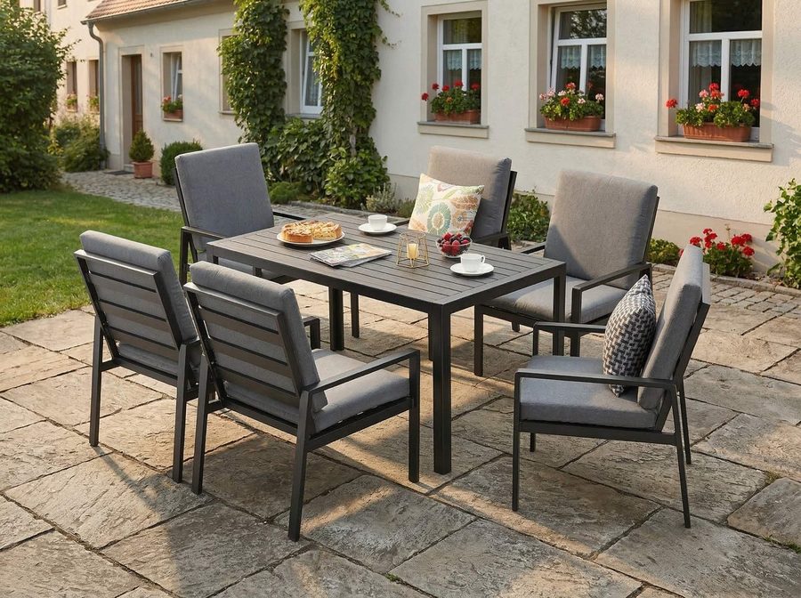 MeXo Gartenlounge-Set Gartenmöbel Set mit Esstisch, (Gartenessgruppe Set 6 Personen, Aluminium, wetterfest, hoher Sitzkomfort), mit pflegeleichte Polywood-Tischplatte, bis 140 kg belastbar