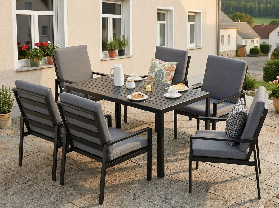 MeXo Gartenlounge-Set Gartenmöbel Set mit Esstisch, (Gartenessgruppe Set 6 Personen, Aluminium, wetterfest, hoher Sitzkomfort), mit pflegeleichte Polywood-Tischplatte, bis 140 kg belastbar
