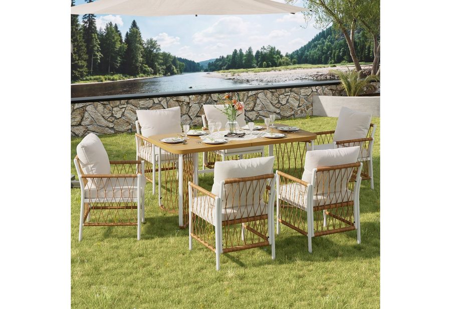 Merax Gartenlounge-Set Polyratten Gartenmöbel-Set mit geflochtenen Armlehnen & Polsterkissen, (7-tlg), 6-Sitzer Gartenset mit 1 Tisch & 6 Stühlen,Lounge-Set mit Eisengestell