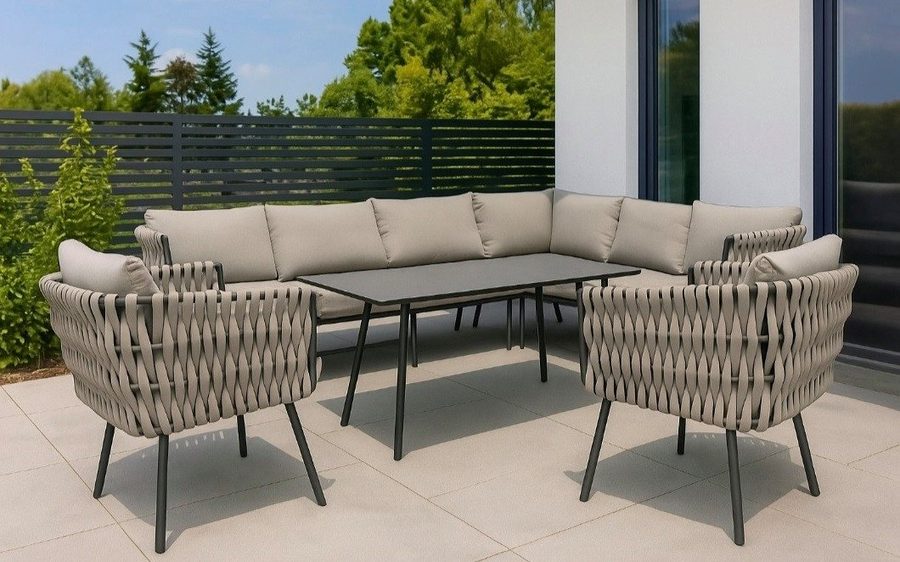 Gardissimo Gartenlounge-Set Abby rechts taupe Rope Dining Gartenmöbelset, (Spar-Set, 4-tlg., Alu, Ecklounge, Esstisch, 2 Sessel, inkl. Auflagen), wetterfest / Bezüge waschbar / Aluminium