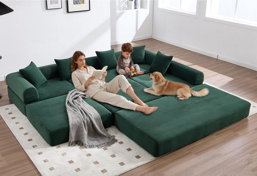 LVHOM Loungesofa Modulsofa mit Schlaffunktion, Seitentaschen, U-/L-Sofa, Fünfsitzer, 2xEinzelsessel + 1xDreisitzer, kombinierbar, Schlafsofa(Jedes Modul entfaltet sich zu separater Schlaffläche), 5 Zierkissen, Cordstoff, reichhaltige Füllung, 300 kg belastbar, tierfreundlich, kratzfest, knitterarm, Metall-Cord-Kombination, einfache Montage, Wohnzimmer/Homeoffice/Schlafzimmer/Gästeübernachtung
