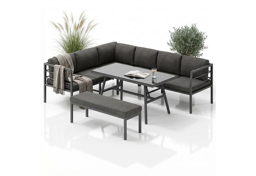 Mucola Gartenlounge-Set Gartenmöbel Set Ecklounge Aluminium Sitzgruppe wetterfest Essgarnitur, (wetterfest, resistent gegen Regen, Salzwasser und intensive Sonneneinstrahlung, 3-tlg., inkl. 6 wasserabweisende Sitz- und 7 Rückenkissen für mehr Komfort), und praktische Sitzbank und Tisch mit Glasplatte