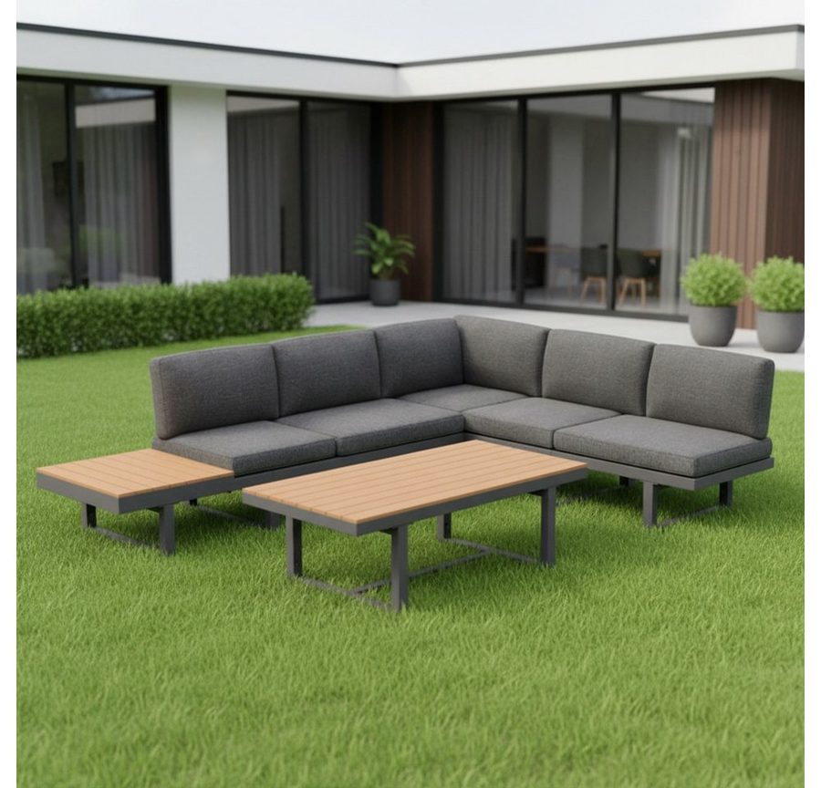 Mucola Gartenlounge-Set Ecklounge mit Liegefunktion Aluminium Essgruppe wetterfest Grau, (wetterfest, resistent gegen Regen, Salzwasser und intensive Sonneneinstrahlung, Kissen inkl. Reißverschluss, daher abnehm- und waschbar), inkl. praktischem seitlichen Beistelltisch und Bodenschoner