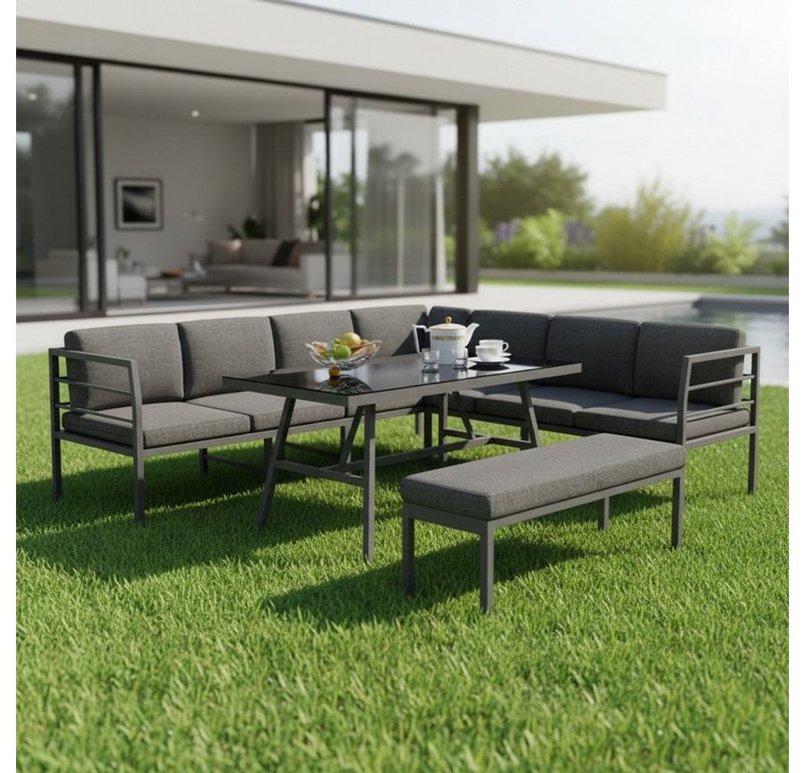 Melko Garten-Essgruppe Essgarnitur Aluminium Glastisch Sitzbank Sitzgruppe wetterfest Ecksofa, (wetterfest, resistent gegen Regen, Salzwasser und intensive Sonneneinstrahlung, 3-tlg., inkl. 6 wasserabweisende Sitz- und 7 Rückenkissen für mehr Komfort), und praktische Sitzbank und Tisch mit Glasplatte