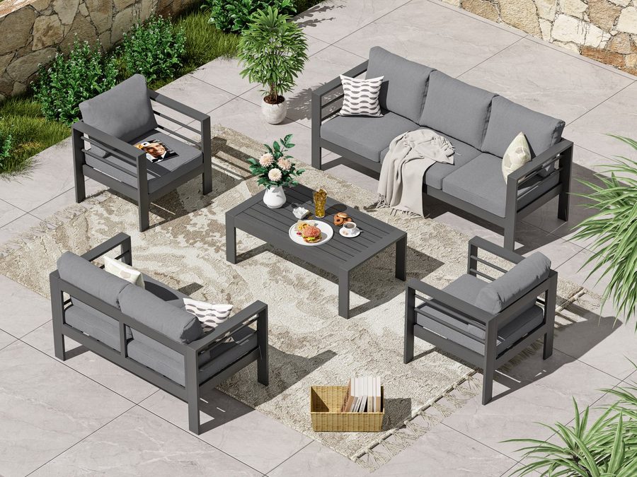 MeXo Gartenlounge-Set XXL Gartenmöbel Set Aluminium Outdoor, (Gartenmöbel Set, 5-tlg., 1×3-Sitzer Sofa, 1×2-Sitzer Sofa, 2×Sessel, 1×Tisch, 14×Auflagen), wetterfest Sitzgruppe Essgruppe Gartengarnitur für 6-7 Personen