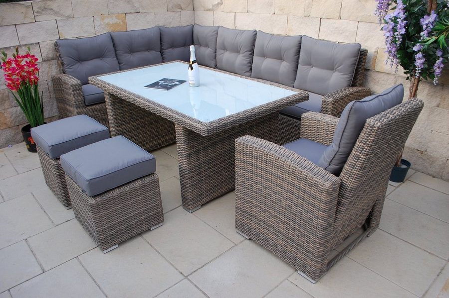 Ragnarök Möbel-Design Gartenlounge-Set Dining Lounge Wieland XL, (Set, 1 Ecklounge, 2x Hocker, 1x Hochlehner Sessel, Alu, Polyrattan), XXL Tisch 170×102 cm, 16 cm Polster, flexibel & ohne Aufbau