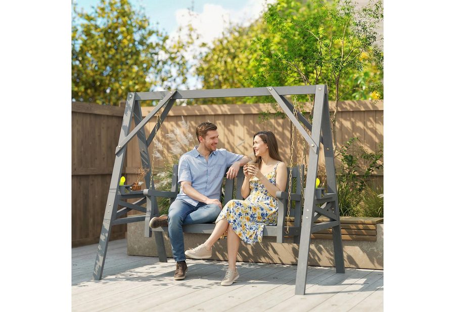 Outsunny Hollywoodschaukel Gartenschaukel aus Holz, Schaukelbank belastbar bis 250kg, 2-Sitzer, Schaukelfunktion, mit Ablage, Packung, 2 tlg., 2-teilig, mit Kette, Mit Ablagen und Getränkehalter, 2-Sitzer von Outsunny