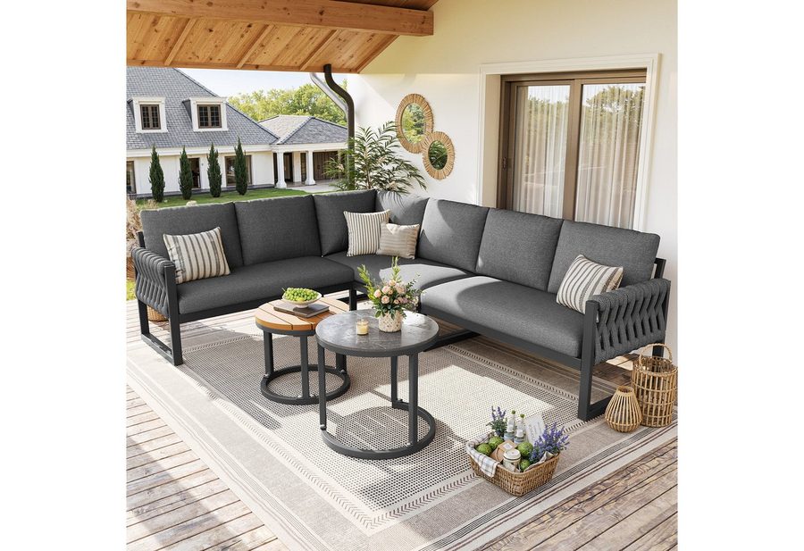 Merax Gartenlounge-Set L-förmiges Gartensofa-Set aus Eisen, (Gartenlounge Set mit verstellbaren Beinen & abnehmbaren Kissen, 5-tlg), 6-Sitzer Gartenmöbel Sitzgruppe mit Couchtische, 2-Sitzer-Sofa,Ecksofa