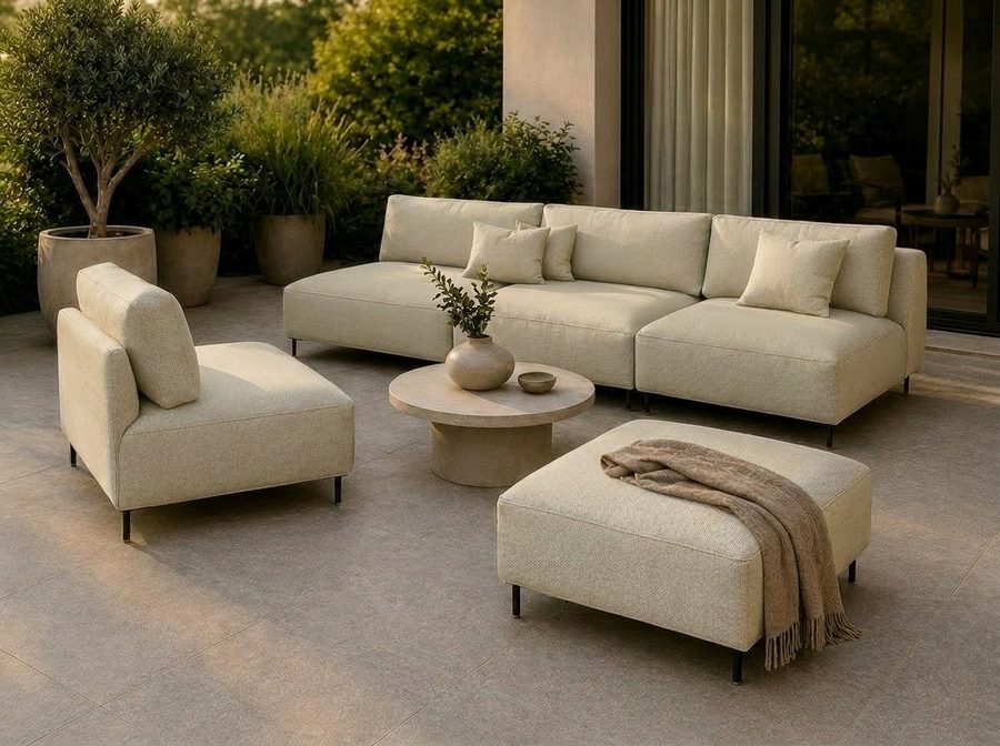 A&J MöbelLand GmbH Gartenlounge-Set Outdoor Lounge Set SUN – Sofa, Sessel und Hocker, (Outdoor Lounge Set für Garten und Terrasse, 3-teiliges modernes Garten Lounge Set), Wetterfestes Lounge Set für Garten und Terrasse