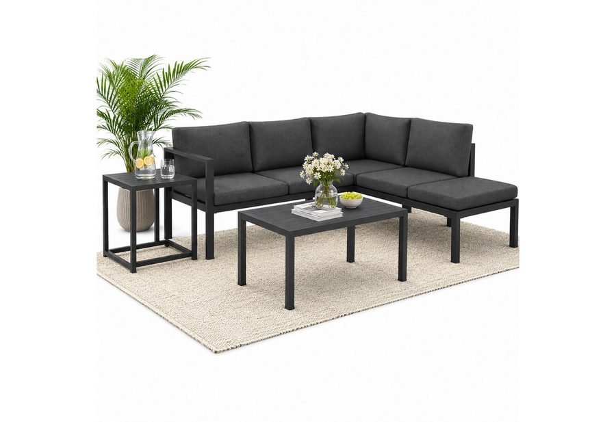 Mucola Sitzgruppe Ecksofa Aluminium Essgruppe wetterfest Ecklounge Beistelltisch Hocker, (UV-Beständigkeit, 5-tlg., Möbelset Anthrazit), Inkl. praktischen Beistelltisch, Hocker und wasserabweisenden Kissen