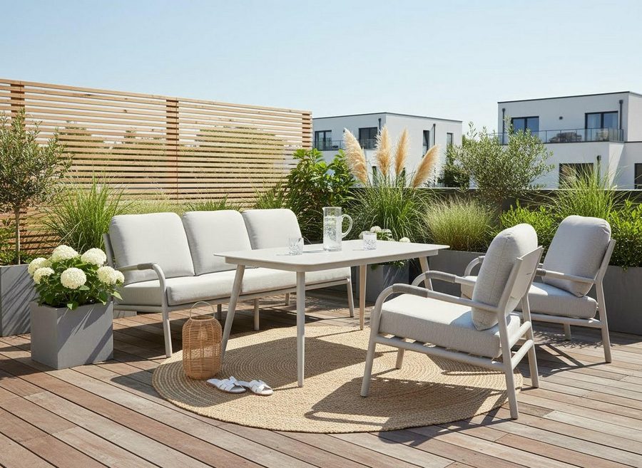KONIFERA Gartenlounge-Set Fernando, (Set, 14-tlg., 1x 3er Bank, 2x Sessel, 4x Sitzauflagen, 5x Rückenauflagen, 1x Tisch), bestehend aus 2 Sesseln, 1 Sofa, 1 Tisch und Sitzauflagen