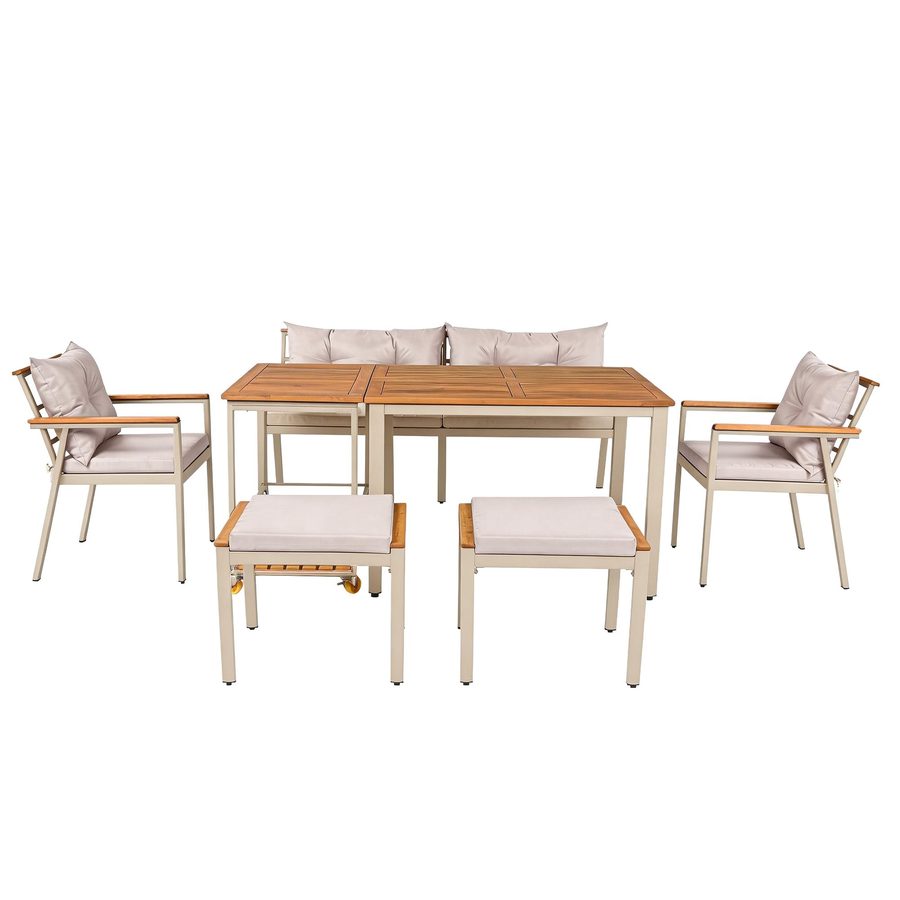 6-7-Sitzer-Garten-Esstisch- und Stuhlset, Gartenmöbel mit Sesseln und abnehmbarem Esswagen, Beige+Naturfarbe