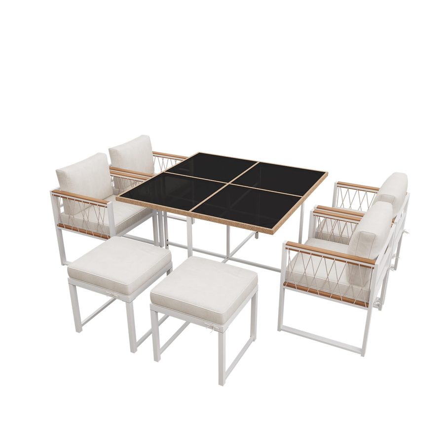 7-Teiliges Outdoor Esstisch- und Stuhlset mit Gehärtetem Glas, Rattangeflecht, Sitzkissen, für 6 Personen, Schwarz+Weiß