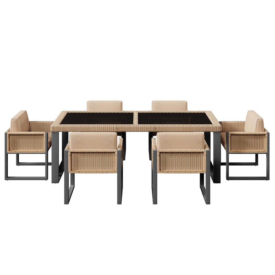 Rattan Tisch- und Stuhlset，mit 1 Tisch und 6 Stühle, Tischplatte aus Gehärtetem Glas, Braun+Schwarz