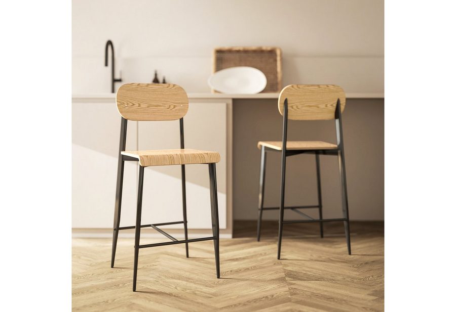HOMCOM Barhocker Tresenhocker mit Fußstütze, Metallgestell, Sitzhöhe 66 cm (Küchenstuhl, 2 St., 2er Set Barstuhl), einfache Montage, Industrie-Design Naturholz+Schwarz von HOMCOM