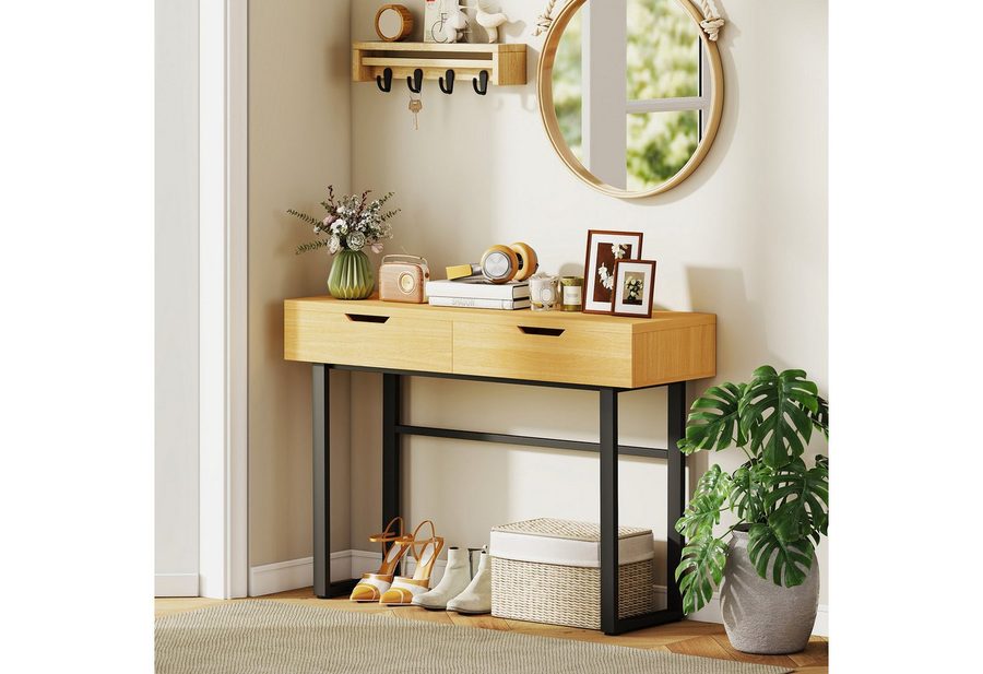 HOMCOM Konsolentisch Konsolentisch mit Industrie-Design, für Flur Wohnzimmer, Natur (Flurtisch, 1-St., Beistelltisch), Schmal, 2 Schubladen, Metallrahmen von HOMCOM