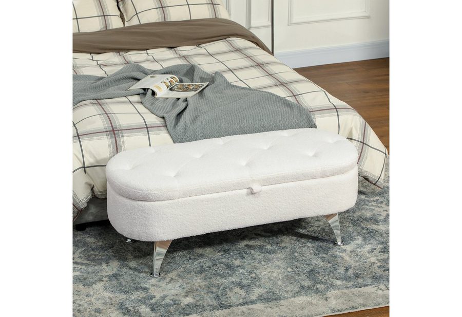 HOMCOM Sitzbank Sitztruhe mit Stauraum, Teddysamtoptik und Metallbeinen (Truhenbank, 1-St., Polsterbank), für Flur Schlafzimmer Wohnzimmer, Metallrahmen 114 x 47 x 46,5 cm Weiß von HOMCOM