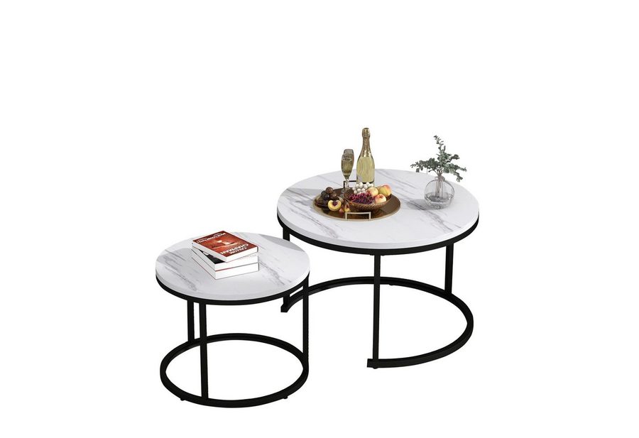 Merax Couchtisch Set rund Satztisch Wohnzimmertisch 1,5 cm Platte, Marmoroptik, 2er Set, Satztisch Wohnzimmertisch, Industrial von Merax