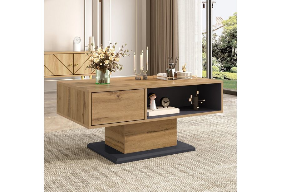 Merax Couchtisch in Holzoptik mit großer Ablagefläche (1-St), Wohnzimmertisch mit doppelseitigem Stauraum & Innenfach, 100x50x46,5cm von Merax