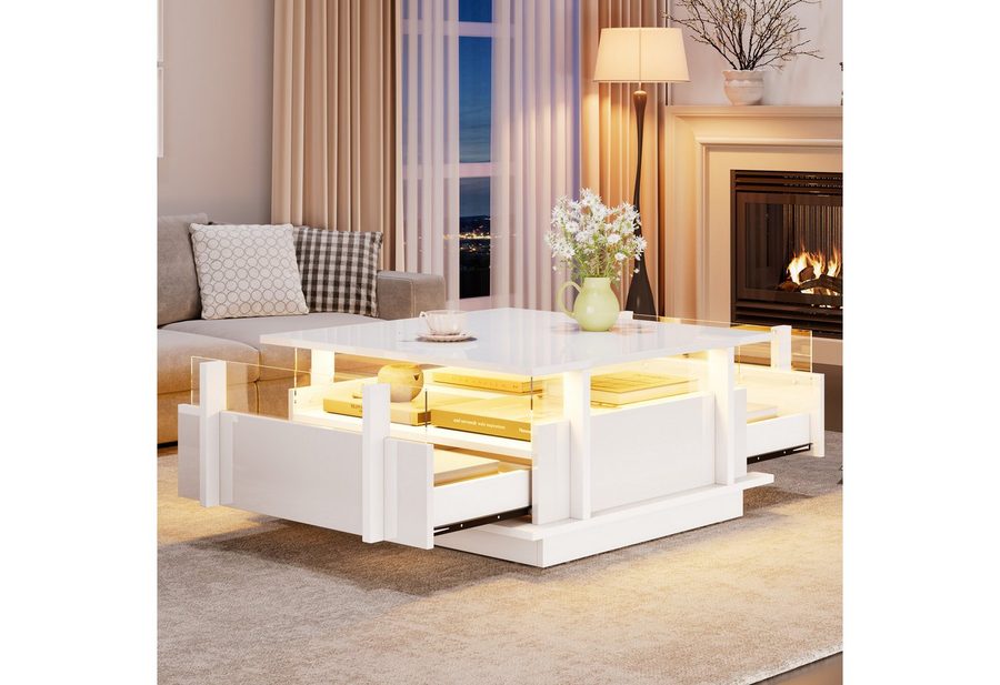 Merax Couchtisch hochglanz Sofatisch Beistelltisch mit LED-Beleuchtung (70×70×35cm, 1-St), Wohnzimmertisch mit 2 Schubladen & Transparente Acryl-Trennwand von Merax