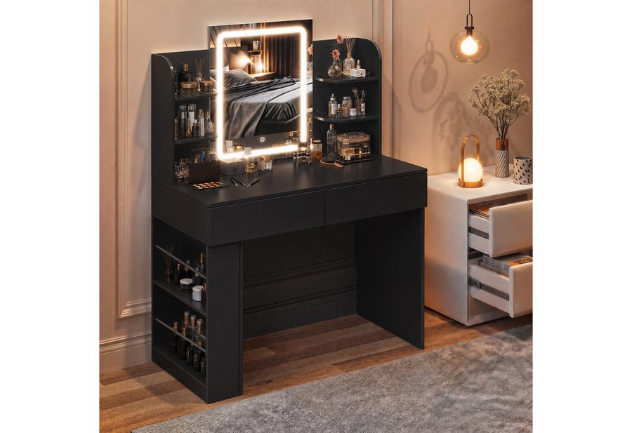 HOMALL Schminktisch mit Spiegel, LED-Beleuchtung, einstellbare Helligkeit, ostern (Langex Brete x Hthe) 90/110 x 40x 135 cm. B ofene Facher (2 seitiche Facher sind nach inks und rechts verschiebban. 2 groBe Schubladen) von HOMALL
