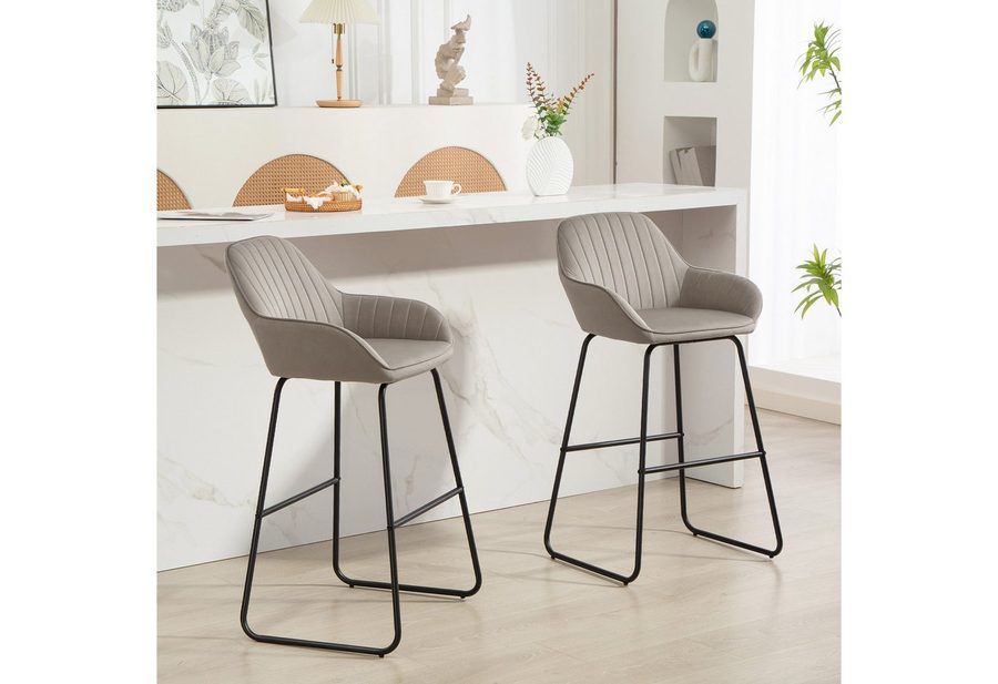 HOMCOM Barhocker Barstuhl mit Fußstütze, Lehne, Samtoptik, Küchenstühle (Polsterhocker, 2 St., 2er-Set Barstühle), 50,5 x 53 x 96 cm, Grau von HOMCOM
