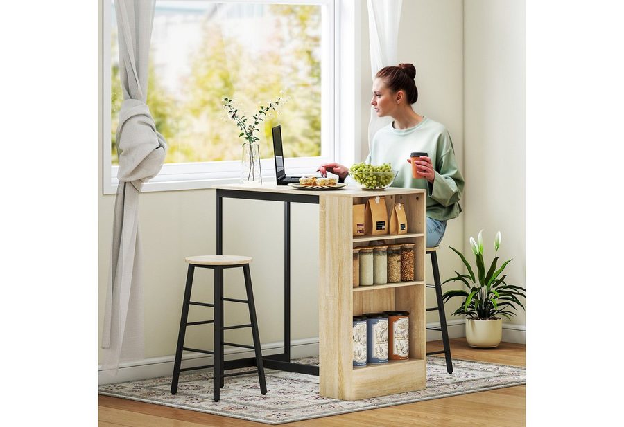 HOMCOM Bargruppe Küchentresen mit 2 Barstühlen, Fußstütze und verstellbaren Ablagen, (Bartisch mit Barhocker Set, 3-tlg., Bartisch-Set), im Modern-Stil, platzsparend, für Esszimmer, Küche, Stahl, Eiche von HOMCOM