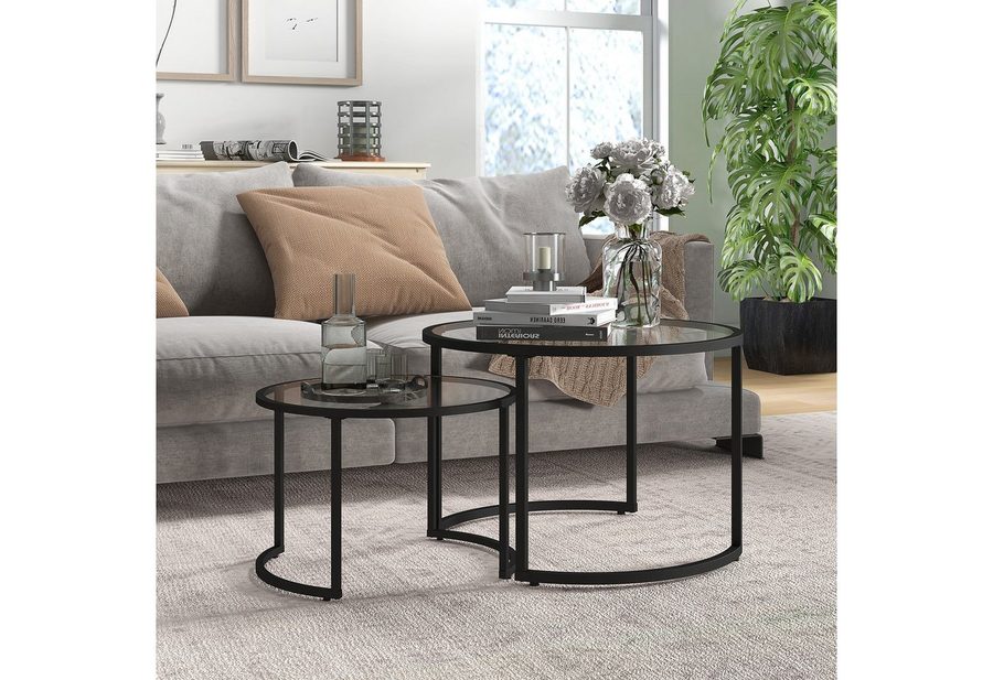 HOMCOM Couchtisch 2er-Set, Beistelltisch mit Stahlgestell, Kaffeetisch, Schwarz von HOMCOM
