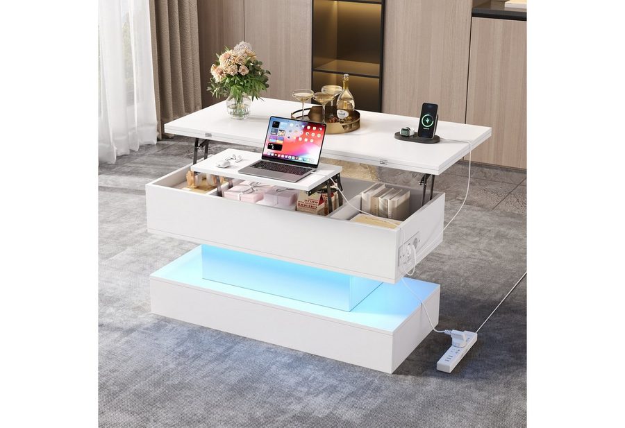 Merax Couchtisch Sofatisch Beistelltisch mit LED-Beleuchtung & USB/USB-C & Steckdose (1-St), Wohnzimmertisch höhenverstellbar & ausklappbar, 100x50x51,5cm von Merax