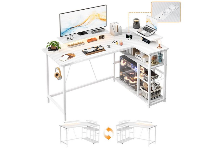 Furnicopia Eckschreibtisch L-förmiger Gaming-Schreibtisch mit Stauraum, Steckdosen und LED (120/140 cm großer Schreibtisch mit zwei Monitorhalterungen, zwei Ablagen, einer verstellbaren Ablage, einem Becherhalter und einem Kopfhörerhalter) von Furnicopia