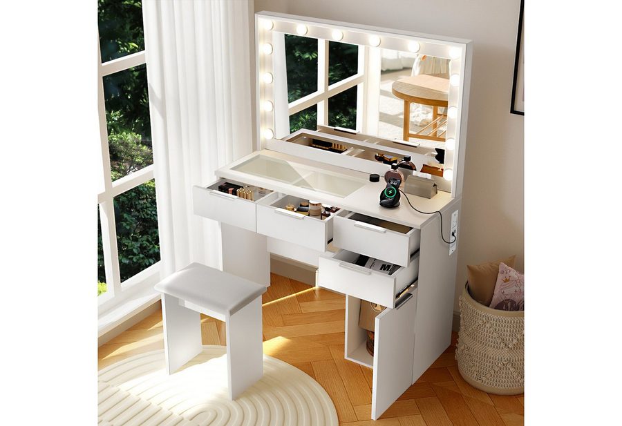 oyajia Schminktisch mit LED Beleuchtung, Gehärtete Glasplatte,mit Stuhl /Ladefunktion (Schlafzimmermöbel Vanity Set, verstellbare dreifarbige Kosmetikspiegel mit 12 LEDs, Touch-Dimmen), Make-up Tisch mit 5 Schubladen und 2 Europäische Stecker +2 USB von oyajia