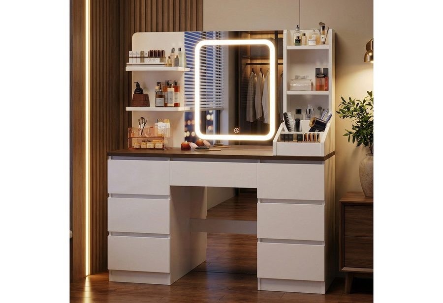 HOMALL Schminktisch Eingebaute LED-Beleuchtung, einstellbare Helligkeit, mit 7 Schubladen (Maße: 110 × 40 × 139 cm, mit verstellbarer LED-Spiegelbeleuchtung, drei wählbare Farbtöne + stufenlose Dimmung, 8 offene Ablagefächer + 7 Schubladen (Schubladenhöhe 20 cm), in verschiedenen Farben erhältlich (Weiß/Schwarz/Rosa/Hochglanzweiß/Hochglanzgrau/Retro-Weiß), im Set mit Hocker) von HOMALL